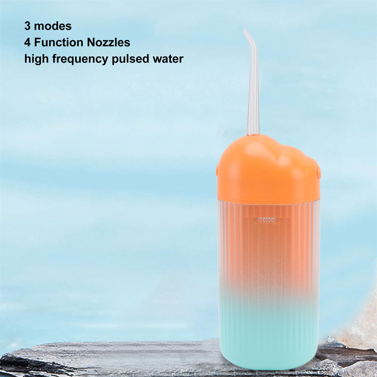 Ein orange-blauer Wasserflosser mit Text über Modi und Düsen. Blau-grüner Hintergrund.