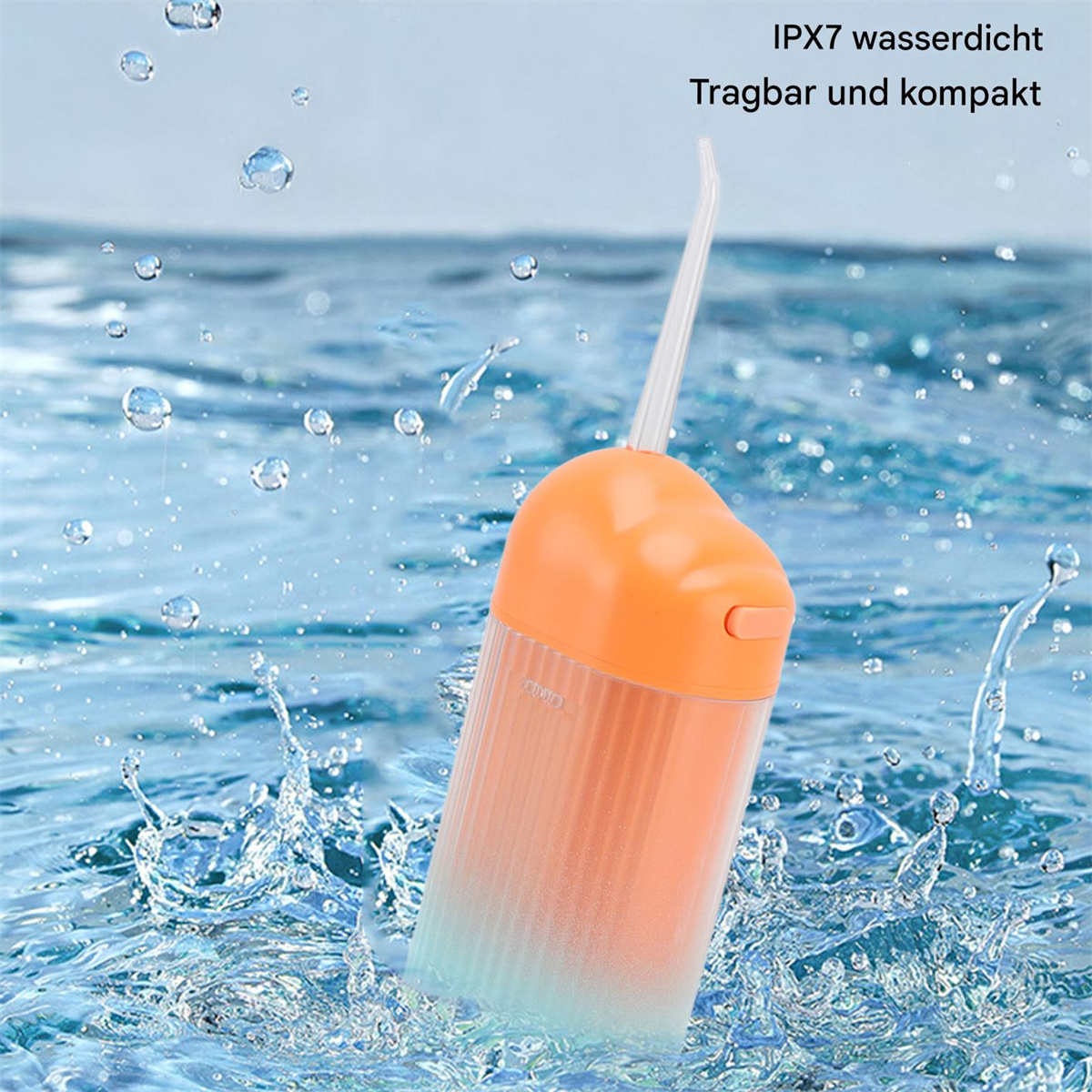 Orangener und weißer Zahnwasser-Flosser im Wasser. Der Text lautet: 'IPX7 wasserdicht, tragbar und kompakt'.