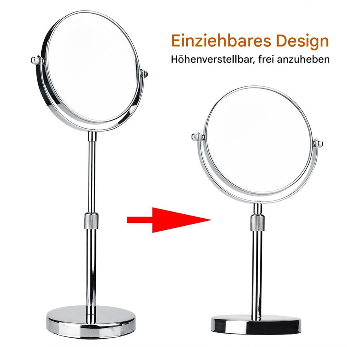 Zwei silberne Spiegel mit verstellbaren Ständern. Einer ist offen, der andere ist zusammengeklappt. Ein Pfeil zeigt das Schließen an.