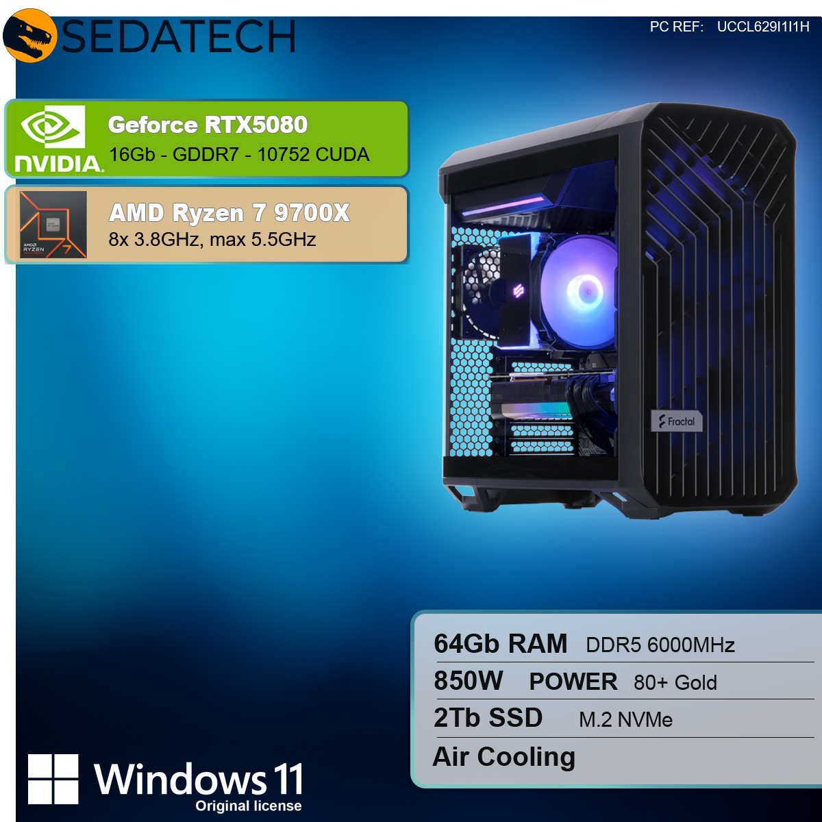 PC da gioco con componenti. Caselle di testo descrivono le specifiche: Ryzen 7, 16 GB RAM, RTX 5080.