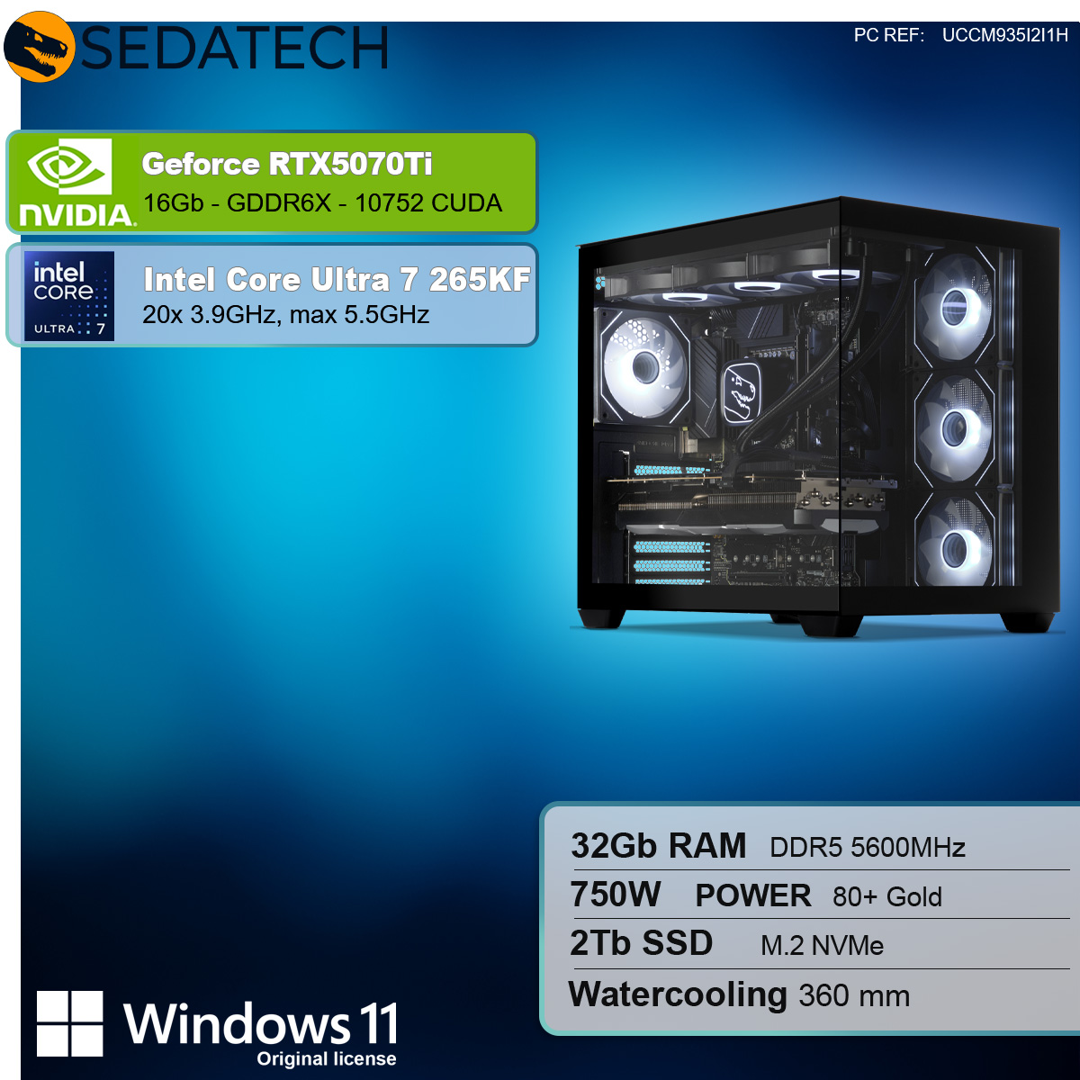 Un case PC nero, componenti elencati, tra cui una GeForce RTX5070Ti, Intel Core Ultra 7 e Windows 11.