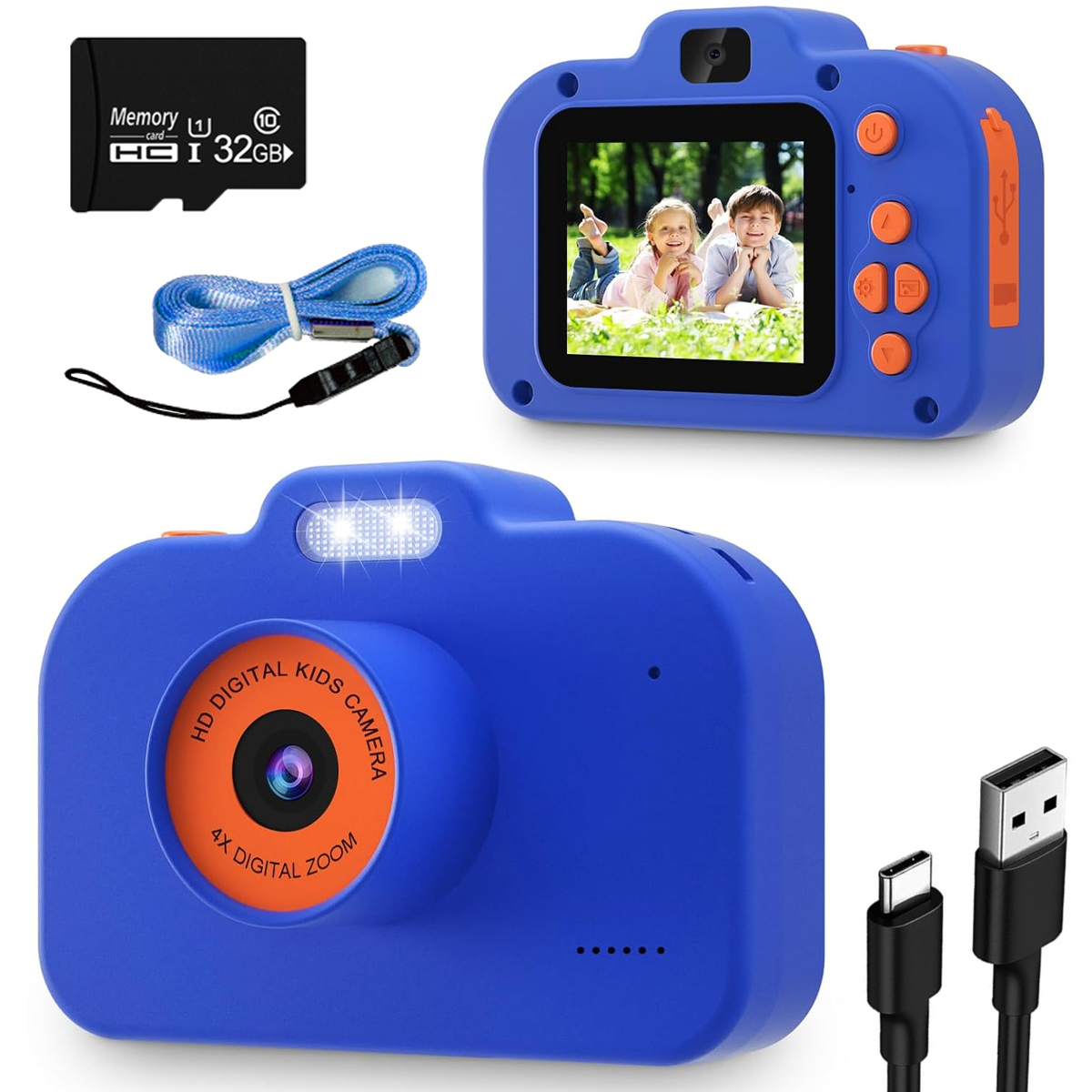 Fotocamera blu per bambini con schermo che mostra bambini, scheda SD e cavi del caricatore su bianco.