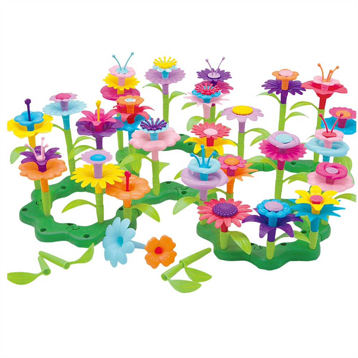 Buntes Plastik-Blumenbauset. Blumen in verschiedenen Farben, auf grünen Basen.