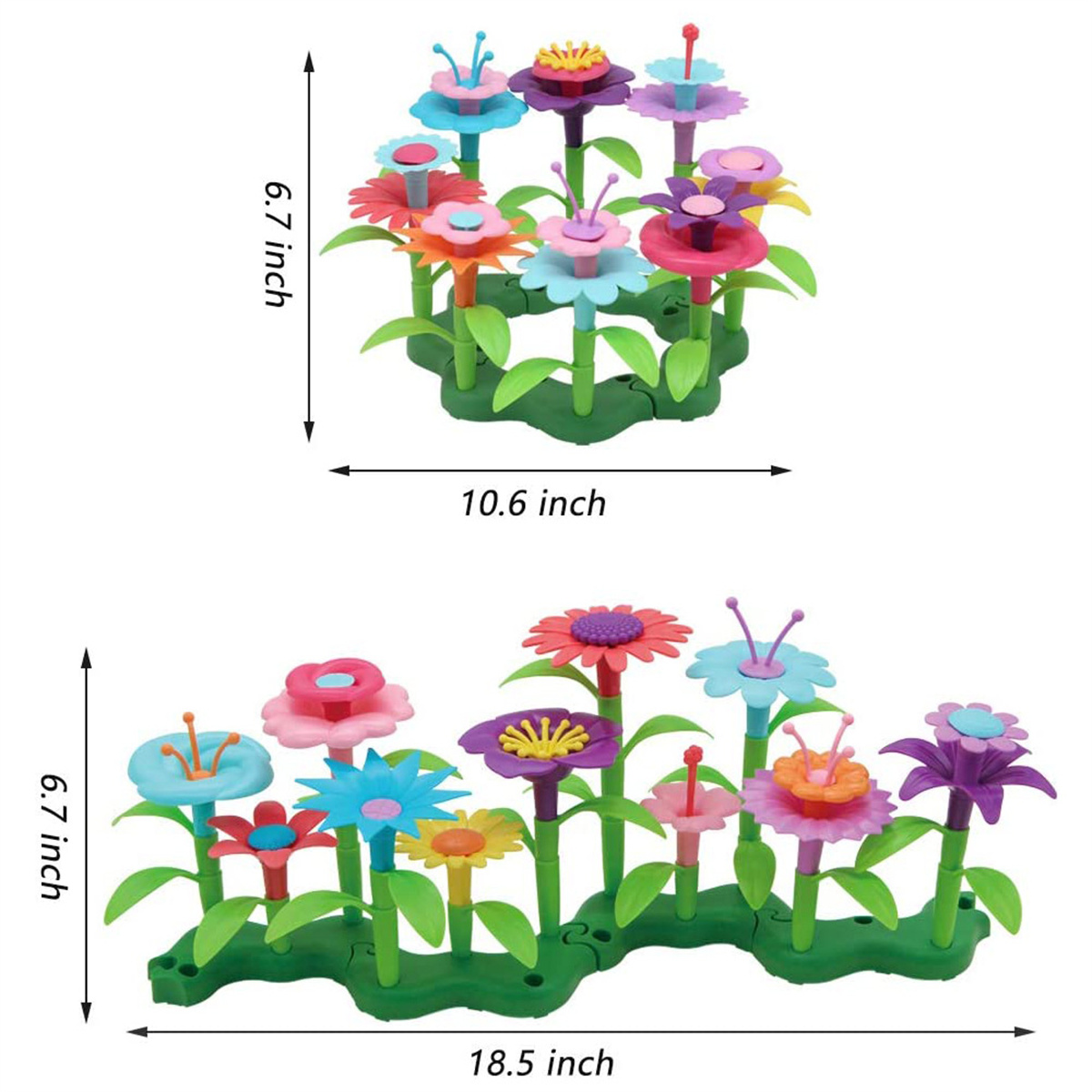 Zwei Reihen bunter Plastikblumen mit grünen Stielen und Sockel, zum Spielen.