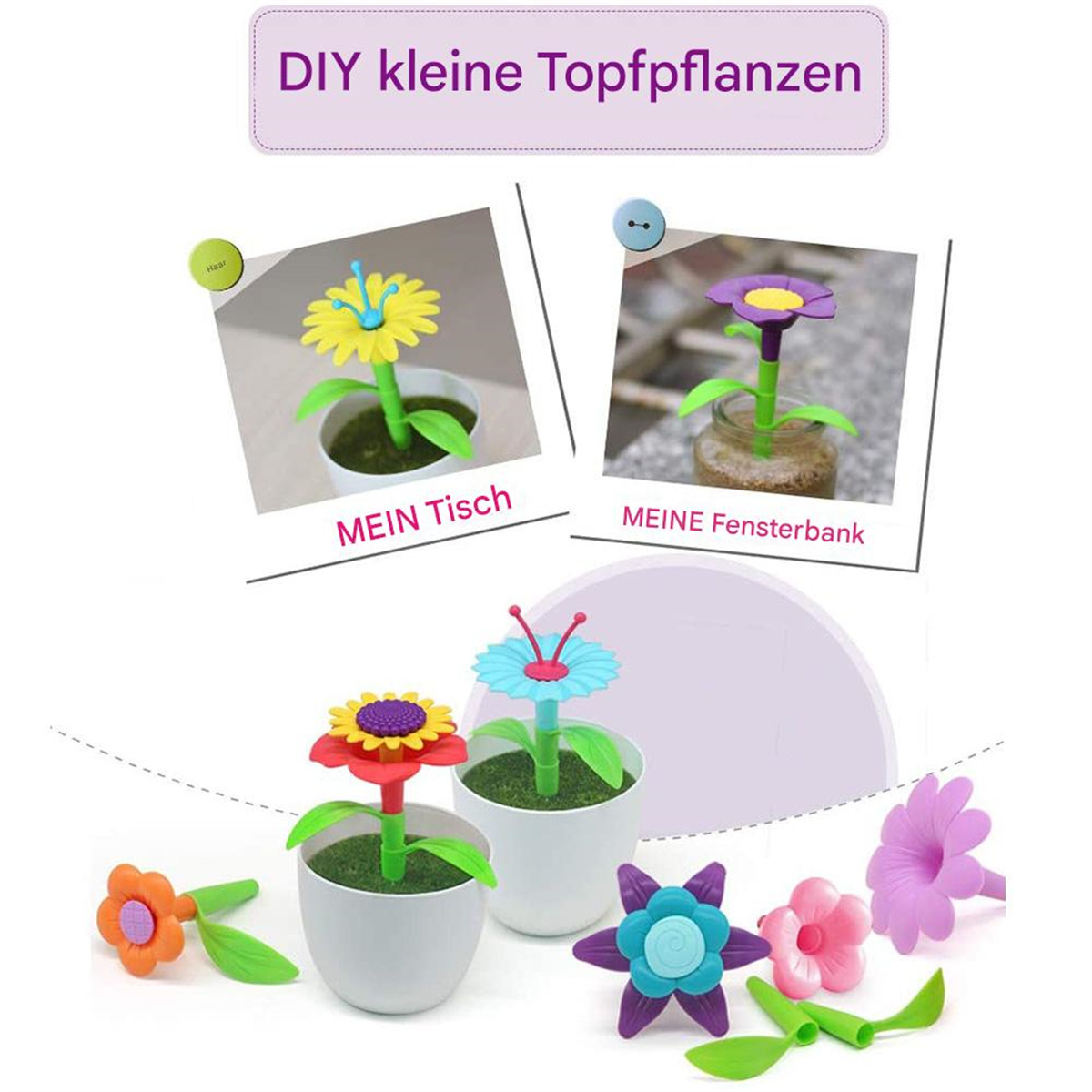 DIY-Anleitung für Blumentöpfe mit Blumen und Töpfen. Einige Blumen werden als fertige Beispiele gezeigt.
