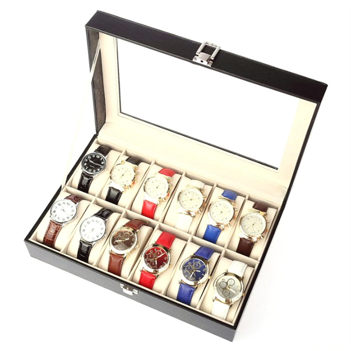 Schwarze Uhrenvitrine mit Glasdeckel. Enthält verschiedene Uhren mit farbigen Armbändern.