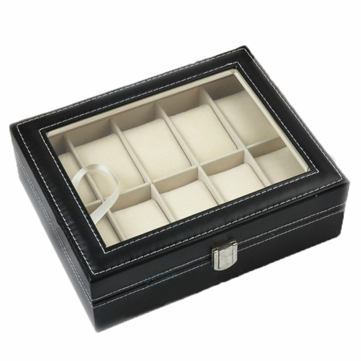 Schwarze Uhrenbox mit Glasdeckel, hält Uhren. Weiße Nähte und ein silberner Verschluss sind sichtbar.