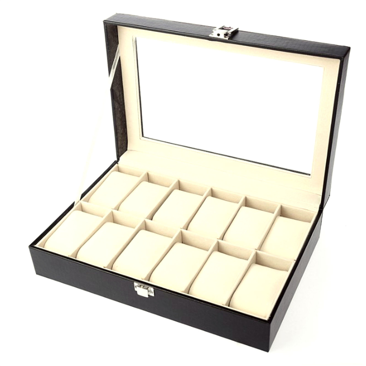 Eine schwarze Uhrenvitrine mit Glasdeckel, offen, mit gepolsterten Uhrenschlitzen.