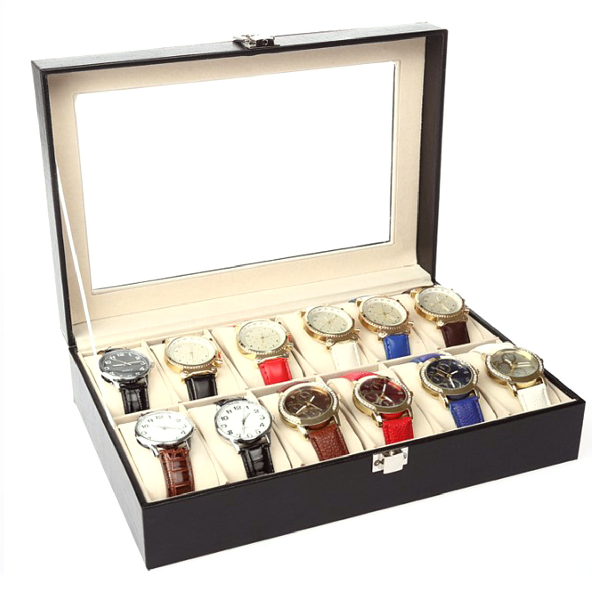 Ein Displaycase mit Glasplatte, gefüllt mit verschiedenen Armbanduhren mit unterschiedlichen Armbandfarben.