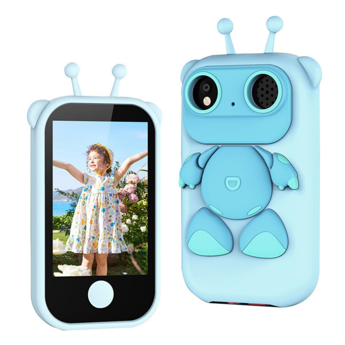 Una fotocamera per bambini blu a forma di robot con uno schermo che mostra una ragazza con le braccia tese.