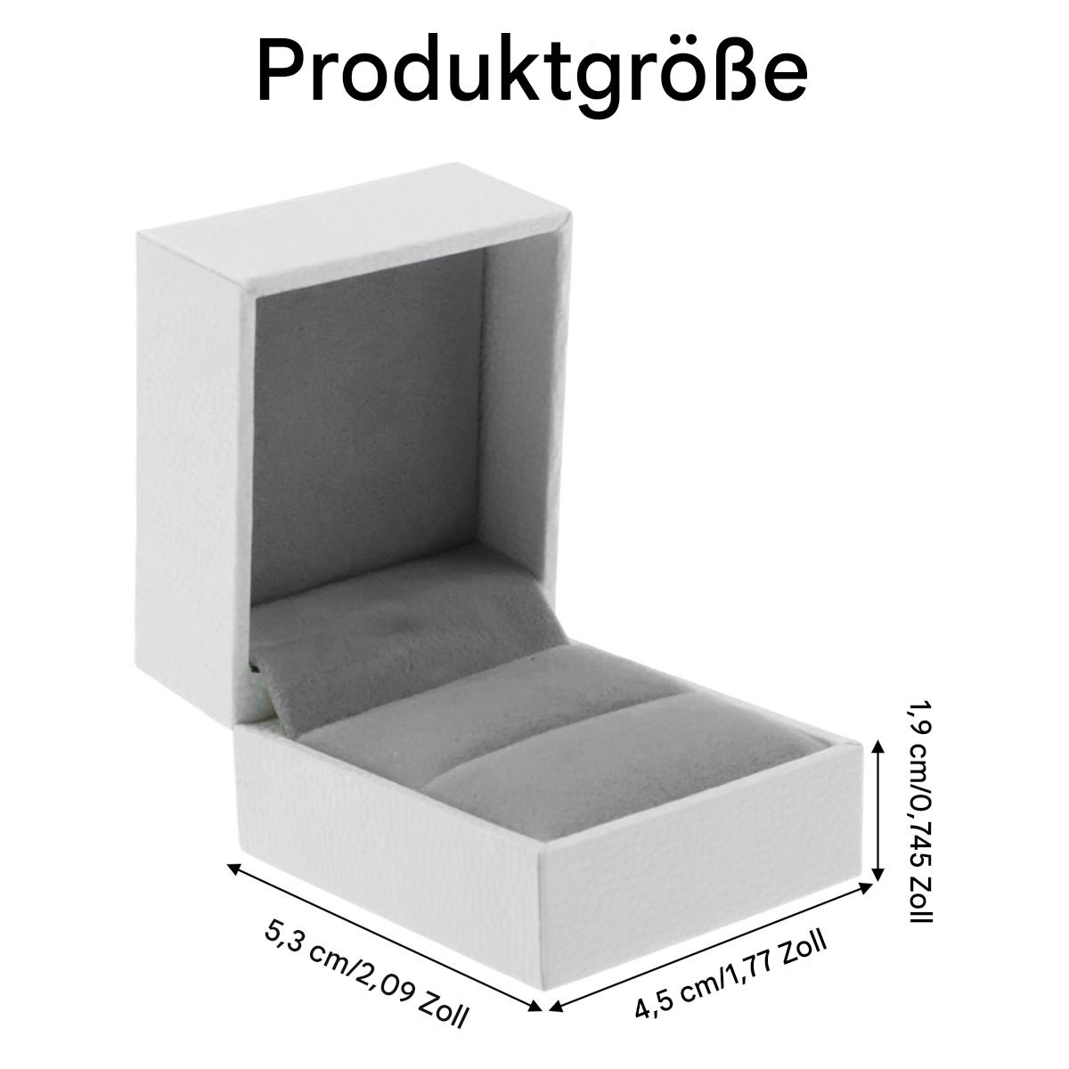 Geöffnete weiße Schmuckschatulle mit grauem Innenraum, Abmessungen an der Seite.