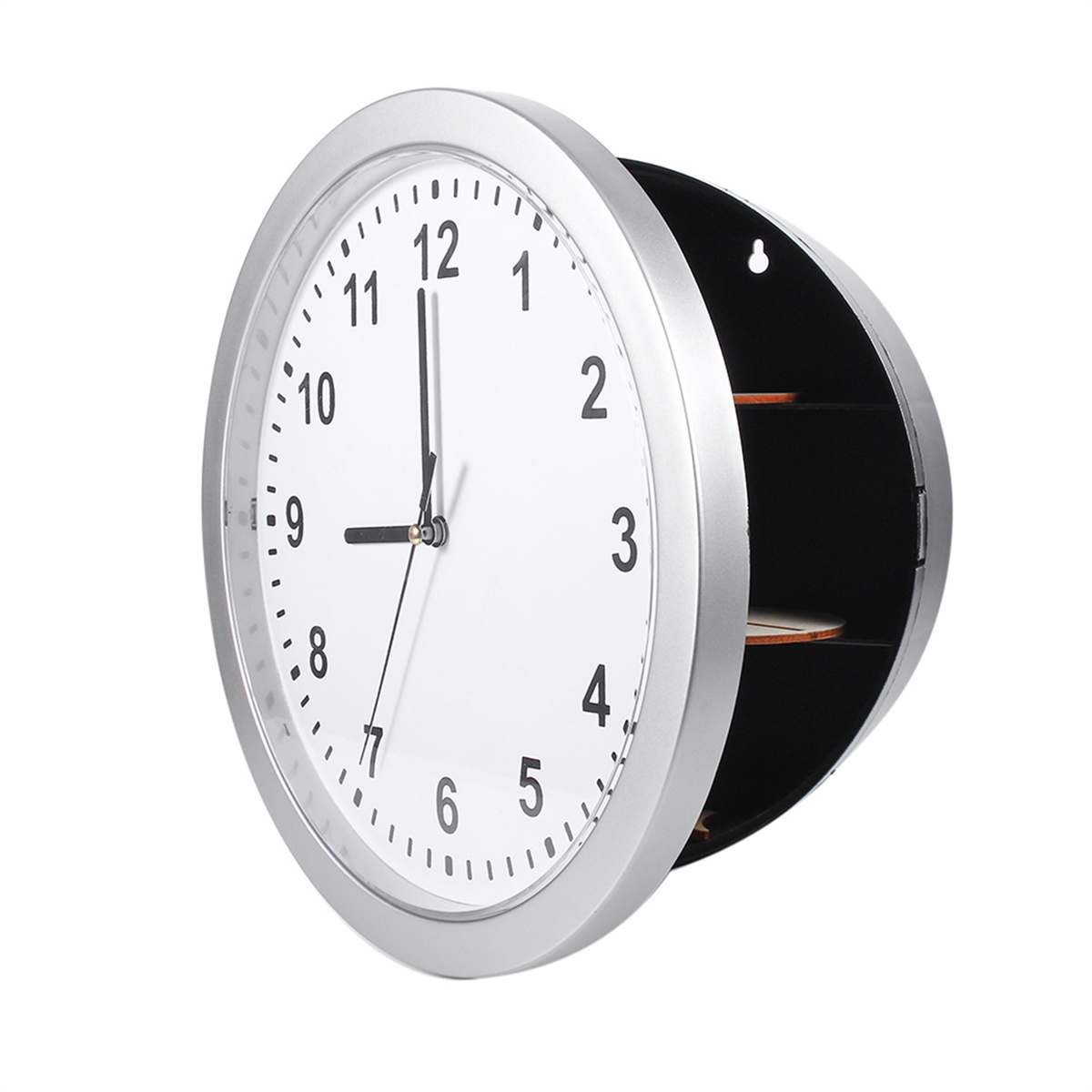 Silberne Wanduhr mit weißem Zifferblatt und offenem Fach auf der Rückseite. Die Zeit ist 9:00 Uhr.