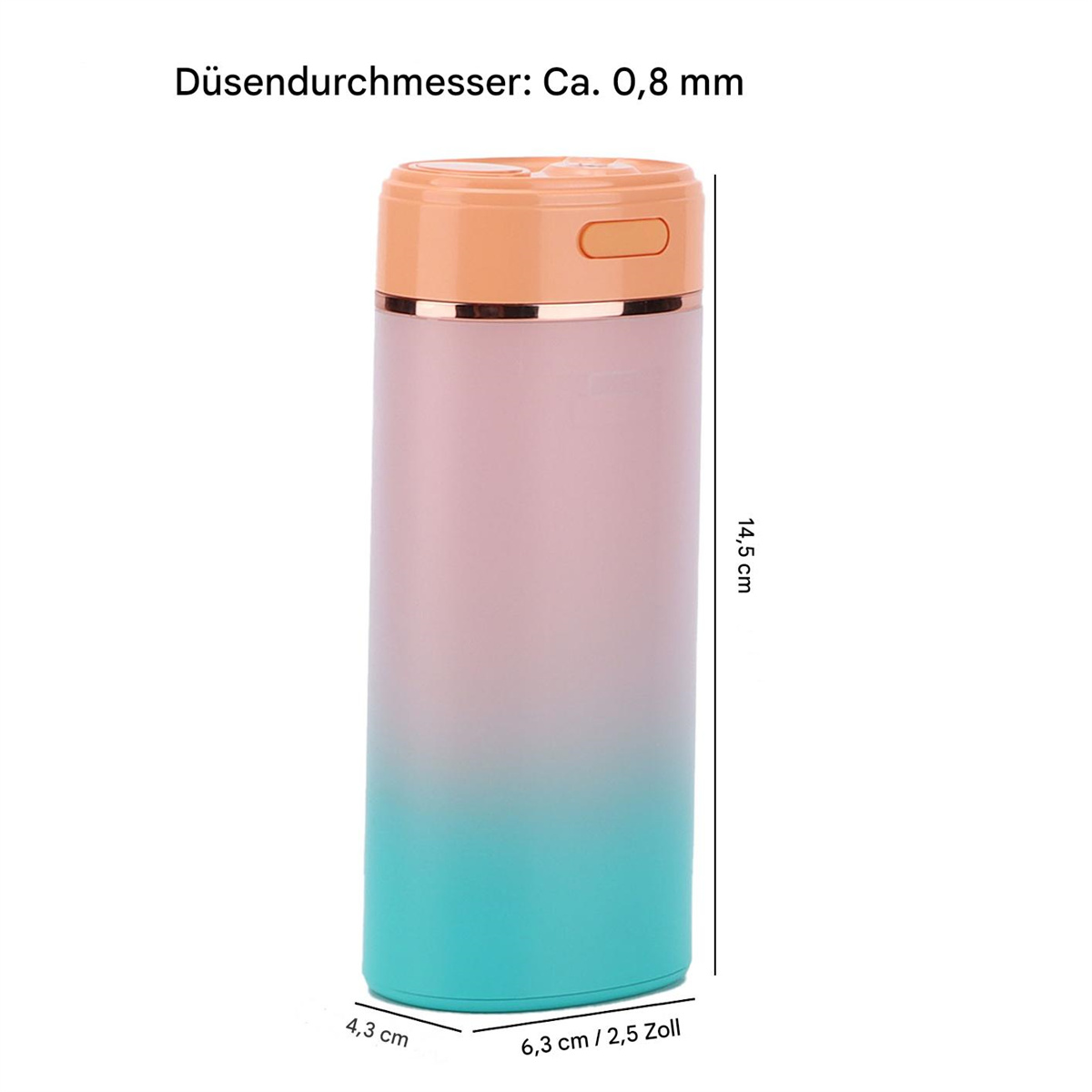 Ein Thermosbecher mit rosa-blauem Farbverlauf, mit Maßen: 14,5 cm Höhe und 6,3 cm Durchmesser.