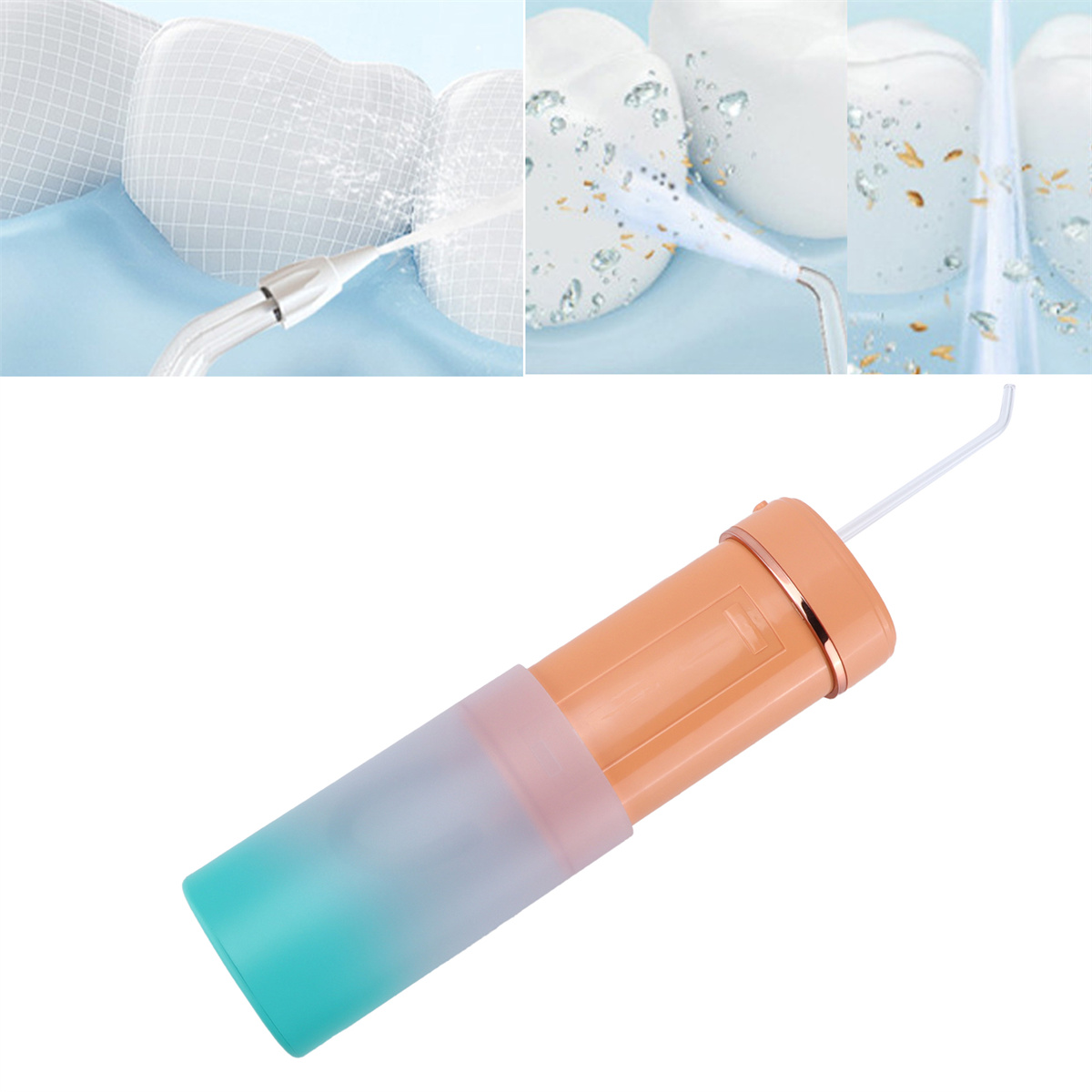 Ein Wasser-Flosser und Diagramme zur Zahnreinigung werden gezeigt. Der Flosser ist orange und blau mit Reinigungstipps.