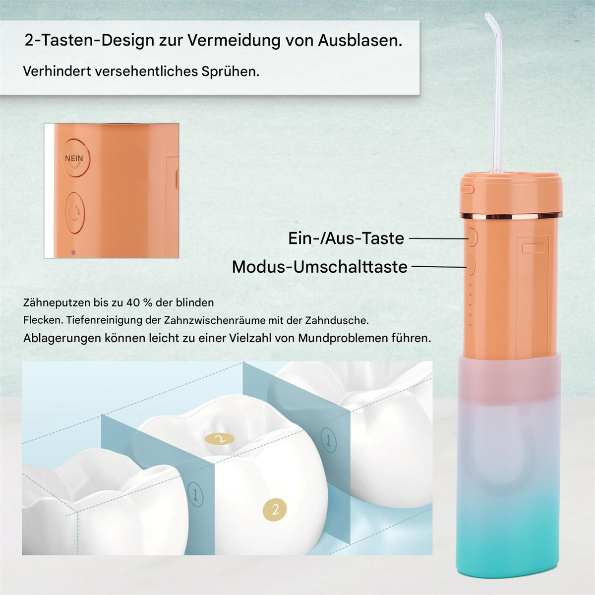 Ein Wasser-Flosser-Gerät mit Text und Diagrammen, die die Verwendung und Funktion zeigen. Beinhaltet eine Nahaufnahme des Geräts.