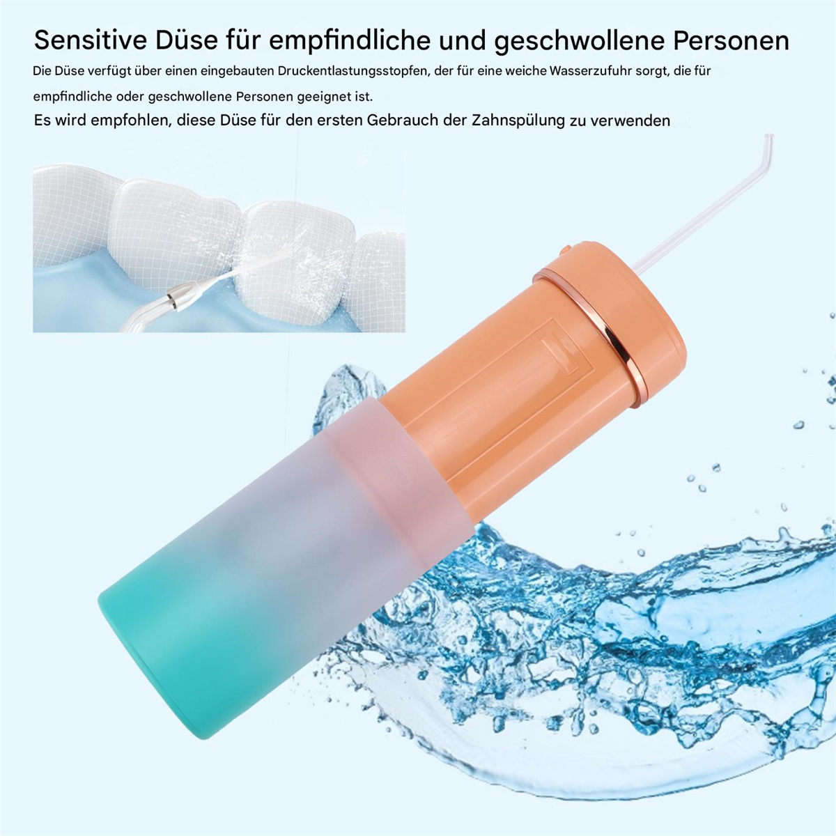 Zahnwasser-Flosser mit orangefarbenem Sockel und blaugrüner Spitze. Enthält ein Zahnmodell.