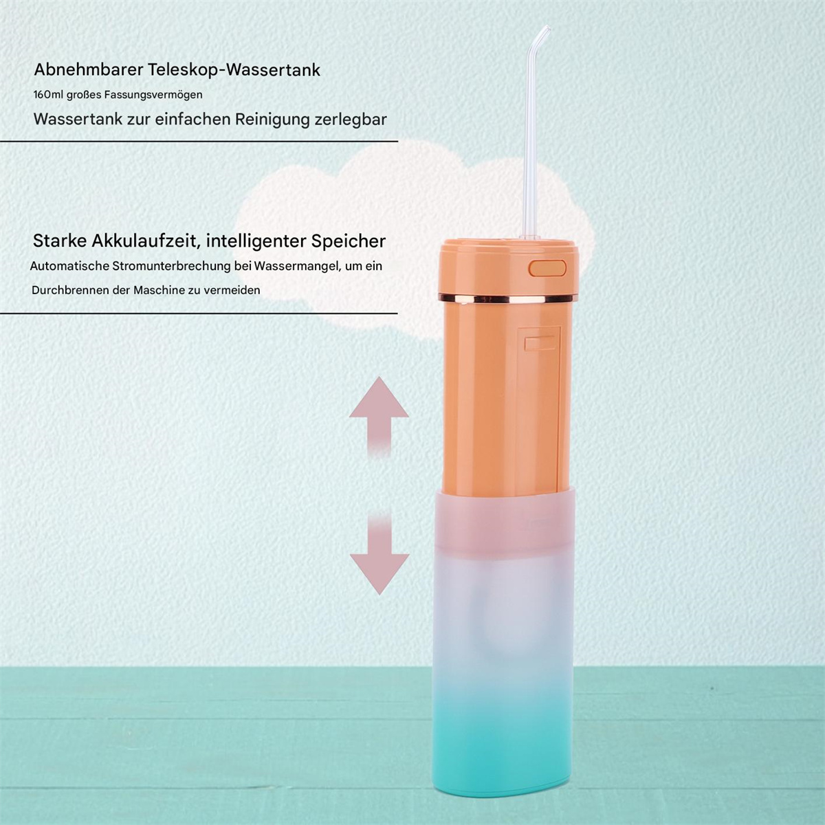 Ein orales Irrigator-Gerät in Orange und Weiß, mit Textbeschriftungen. Es ist ein Mundhygiene-Gerät.