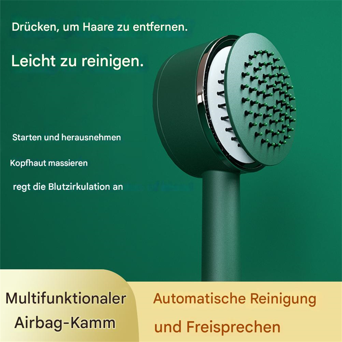 Grüner und weißer Duschkopf mit Text. Weißer Hintergrund.