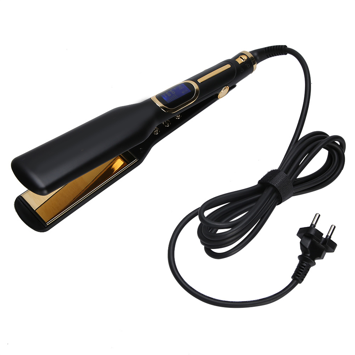 Schwarzer Haarglätter mit Goldplatten, digitaler Anzeige und Kabel.