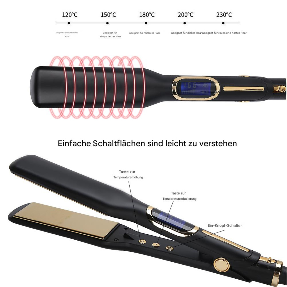 Nahaufnahme eines schwarzen Haarglätters mit Digitalanzeige und Temperatureinstellungen.