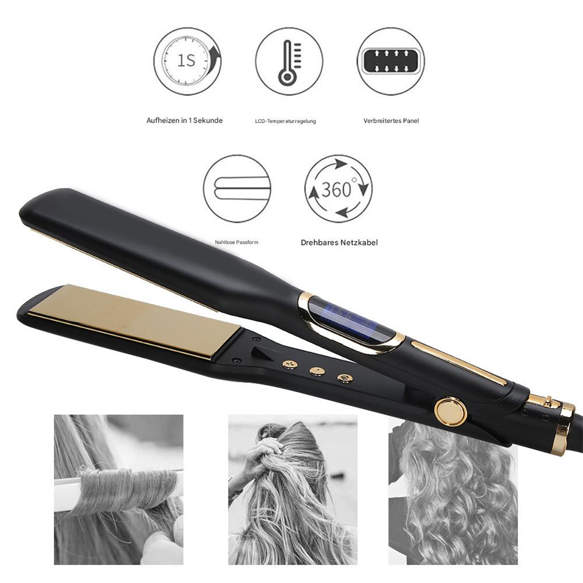 Schwarzes Glätteisen mit Goldplatten, Icons mit Funktionen und Fotos von Frisuren.