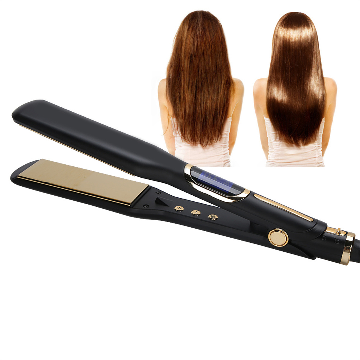 Schwarzer Haarglätter mit Goldplatten und Vorher/Nachher-Haarbild.