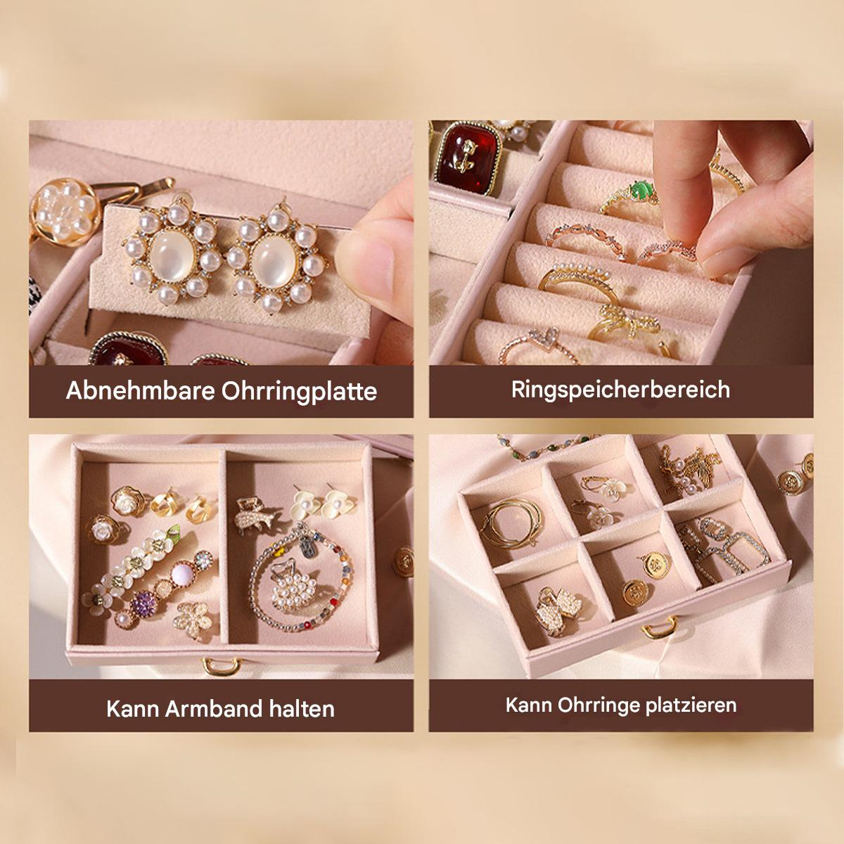 Vier Bilder zeigen einen Schmuckorganisator mit Ohrringen, Ringen und Armbändern. Beige Innenraum.