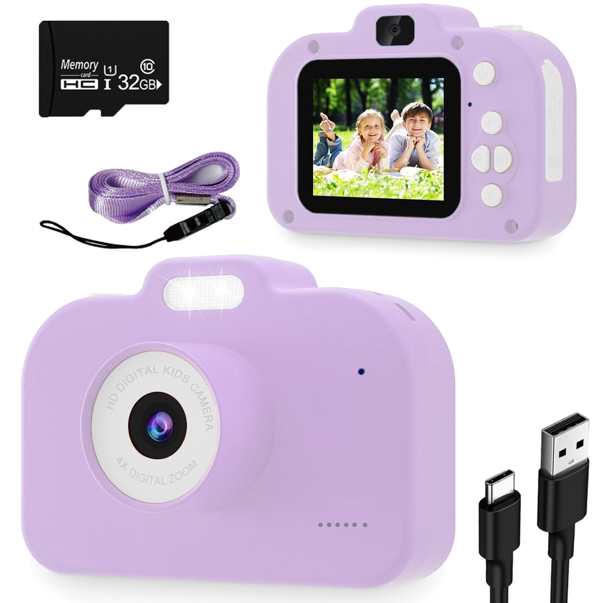 Una fotocamera viola per bambini con schermo e scheda di memoria. Include cinturino e cavi di ricarica.