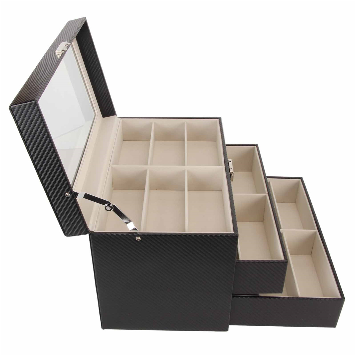 Schwarze Uhrenbox mit mehreren Fächern und Schubladen, offen, mit Glasdeckel.