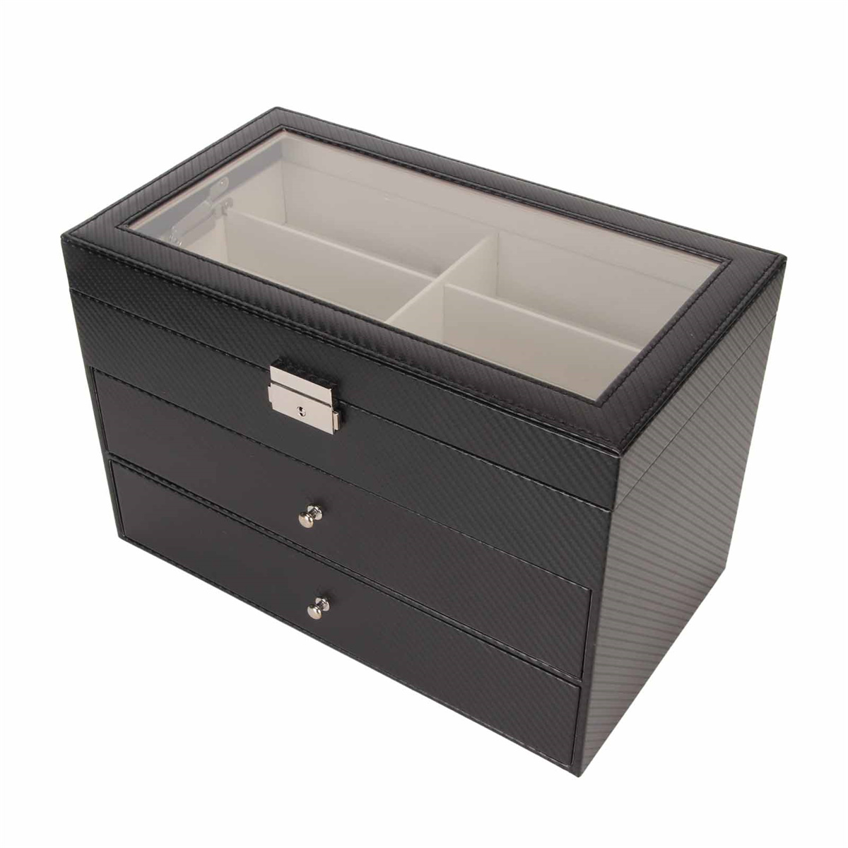 Schwarze Schmuckschatulle mit drei Schubladen und Glasdeckel, isoliert auf Weiß.