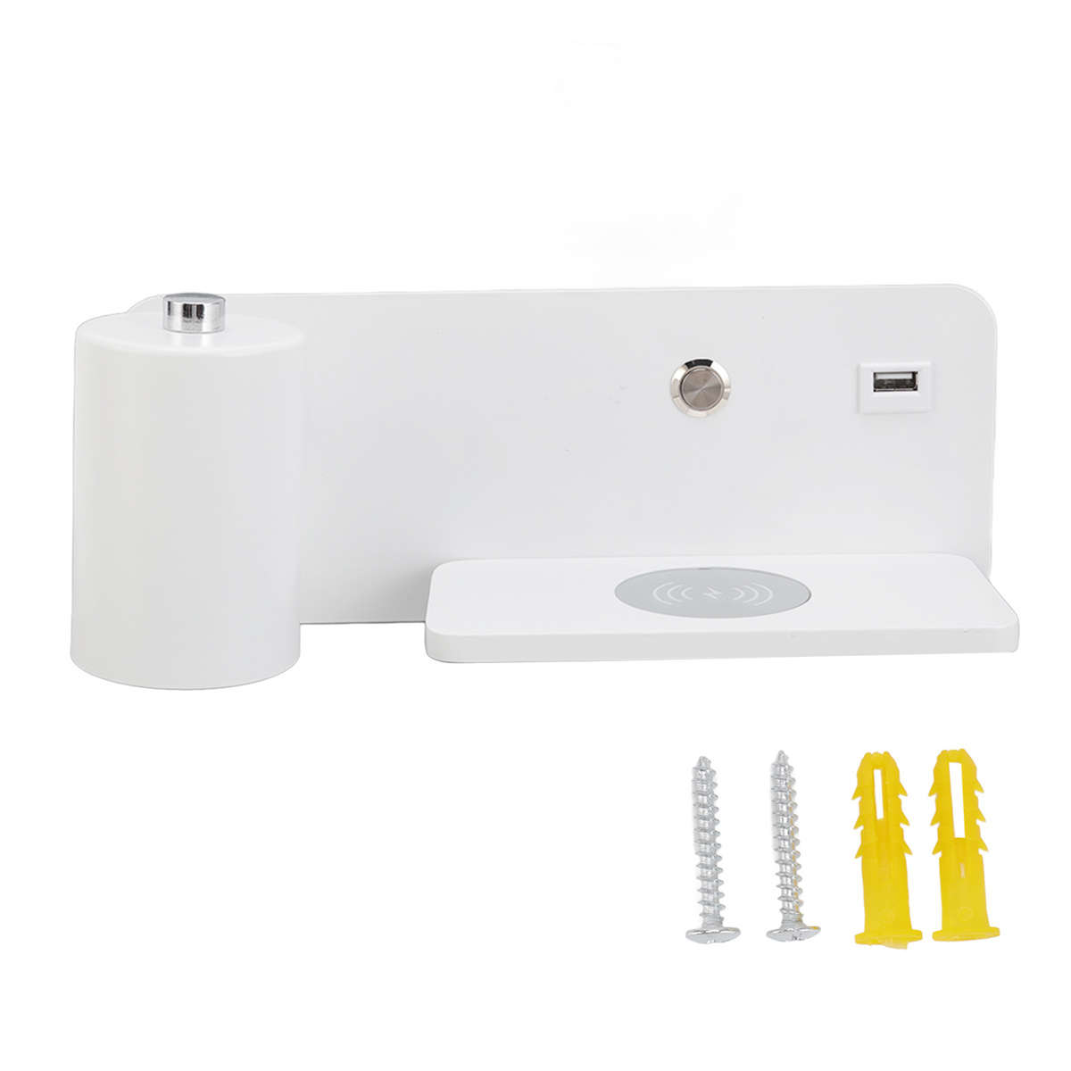 Weißes Wandregal mit kabellosem Ladegerät und USB-Anschluss, mit Schrauben.