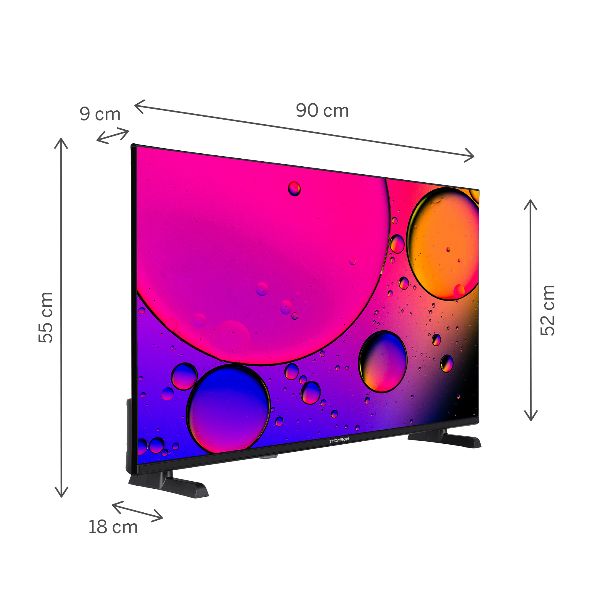Una TV con dimensioni, che mostra uno schermo con arte astratta colorata, su sfondo bianco.