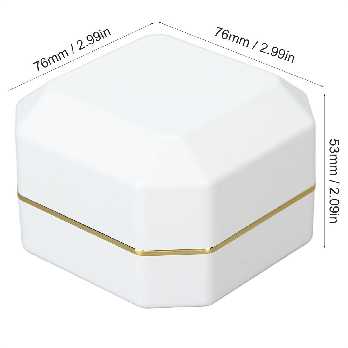 Weiße, sechseckige Box mit goldenem Band. Die Abmessungen sind 76 mm x 2,99 Zoll und 53 mm x 2,09 Zoll.