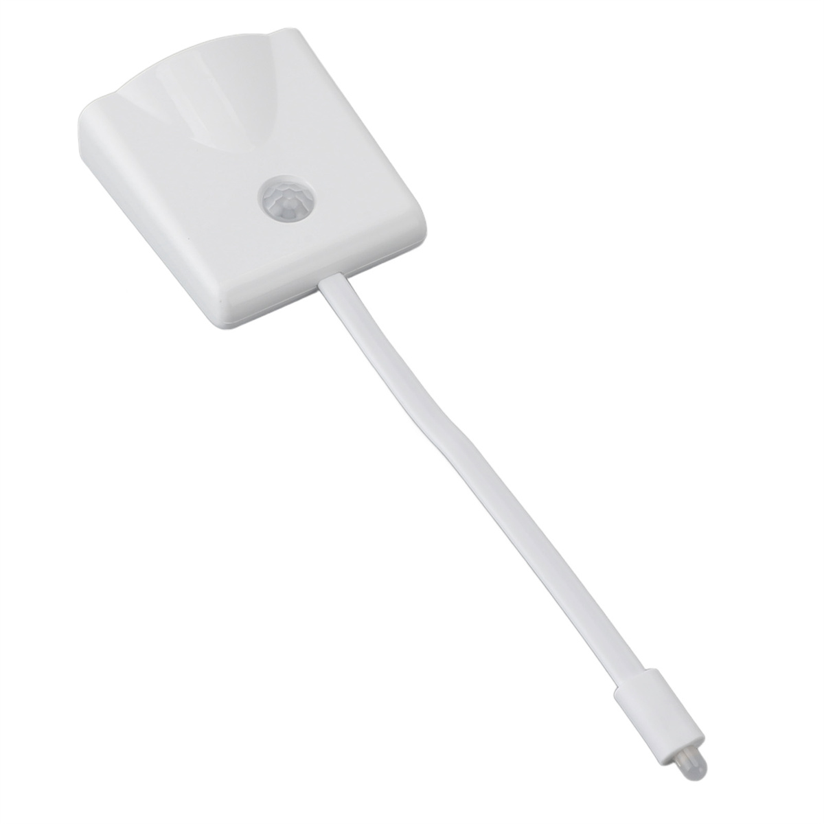 Ein weißer Bewegungssensor mit Kabel und Stecker. Es hat einen runden Sensor.