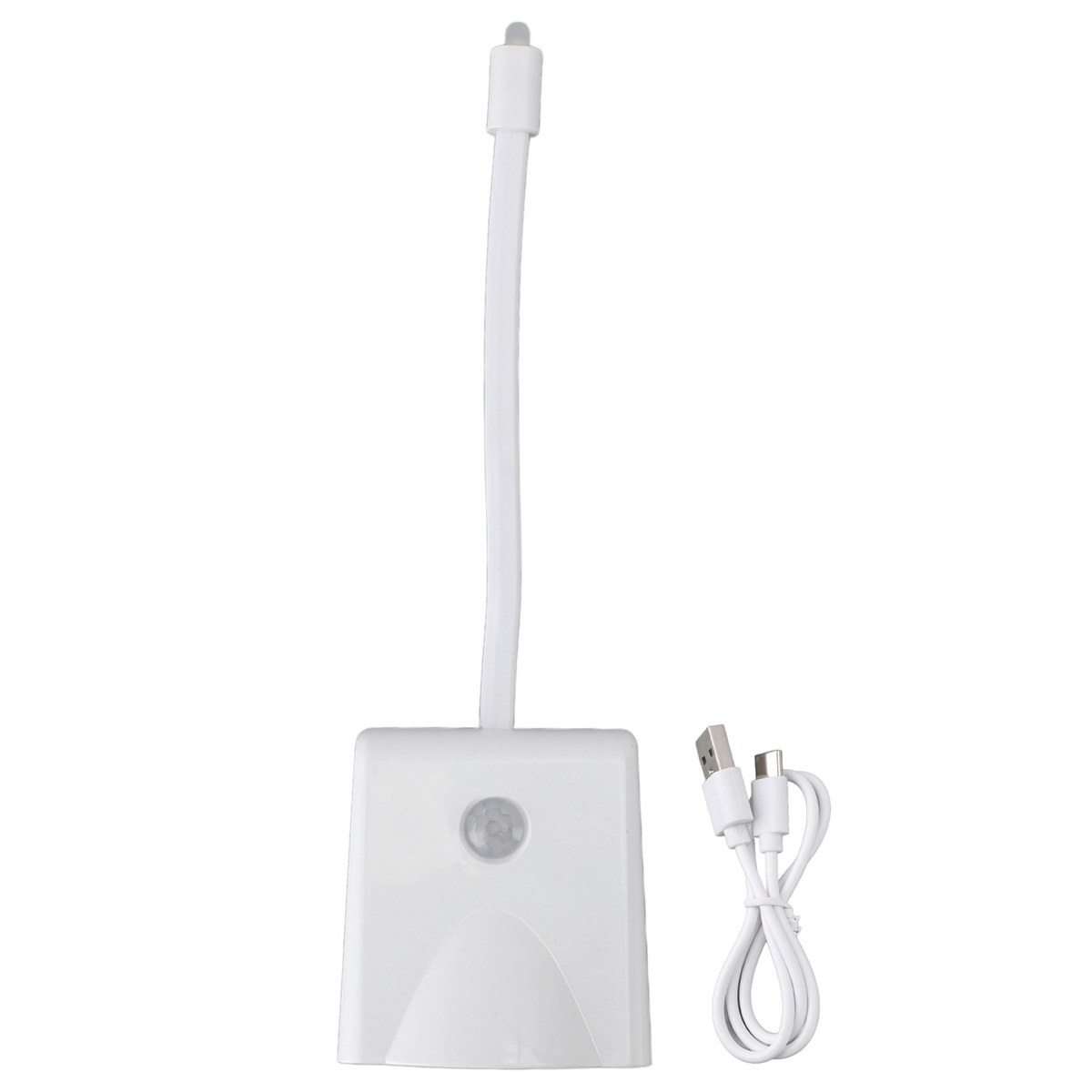 Ein weißes Licht mit gebogenem Stiel und einem USB-Kabel. Es hat einen Sensor an der Basis.