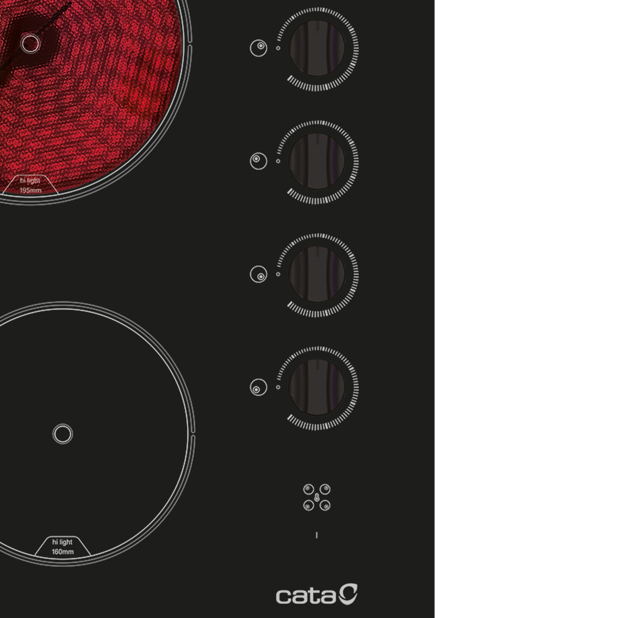 Piano cottura in vetroceramica nero con due zone di riscaldamento rosse incandescenti. Logo Cata e manopole.