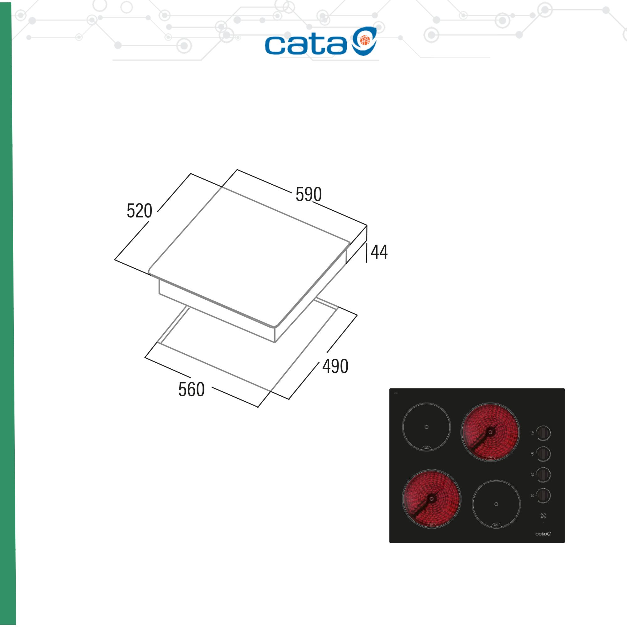 Piano cottura nero con dimensioni e un'immagine più piccola con zone di riscaldamento rosse.