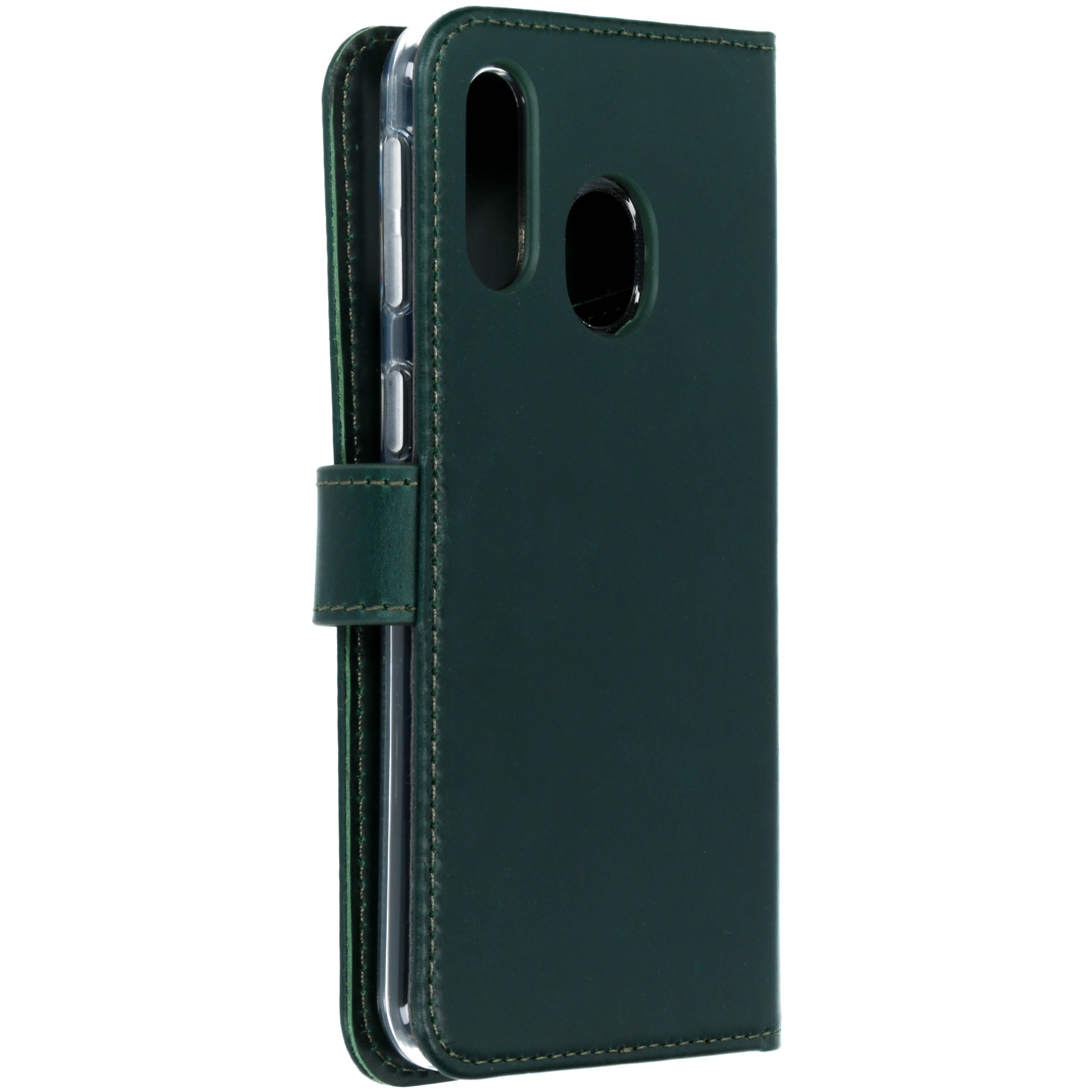Une coque de téléphone, vert foncé, fermée, avec un téléphone à l'intérieur.