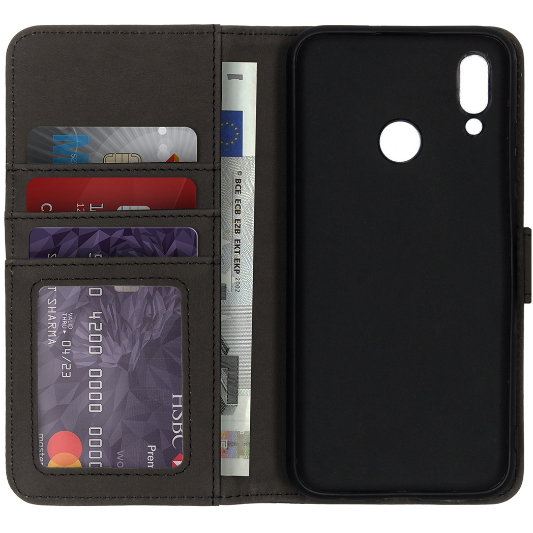 Étui de téléphone noir ouvert, montrant cartes et argent. Cartes visibles. Téléphone absent.