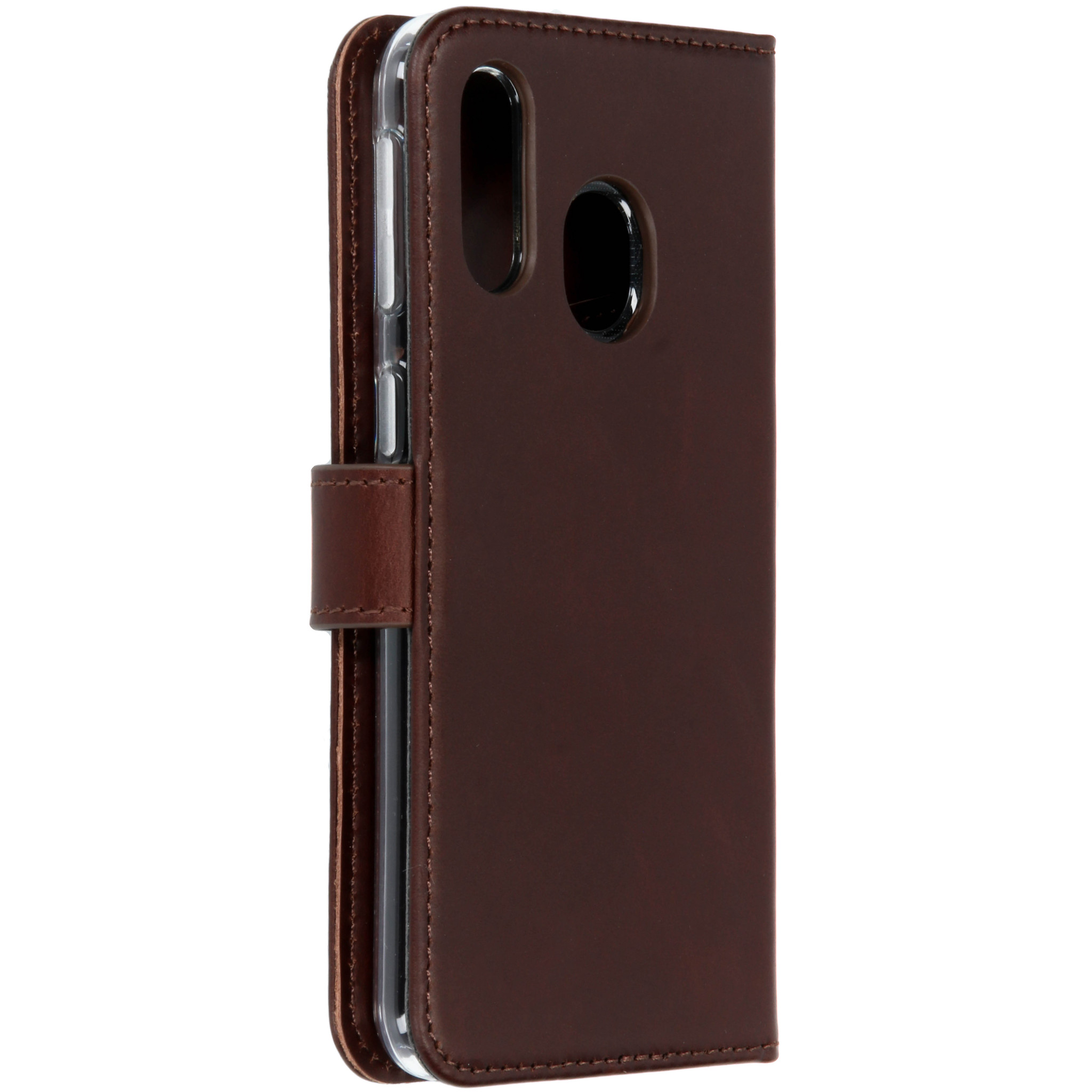 Étui de téléphone marron, avec un téléphone à l'intérieur. L'étui est ouvert sur le côté.
