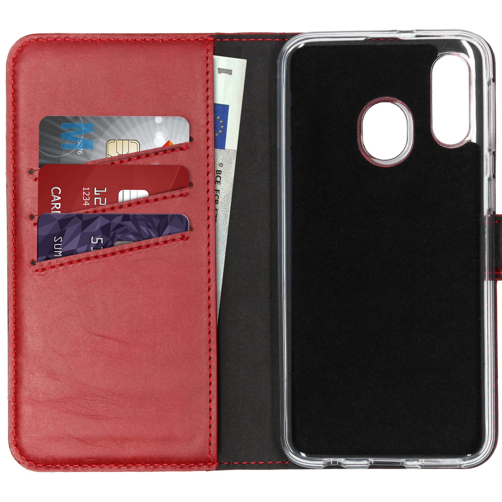 Rode telefoonhoes, open, met creditcards en contant geld. Zwart interieur, transparante hoes.