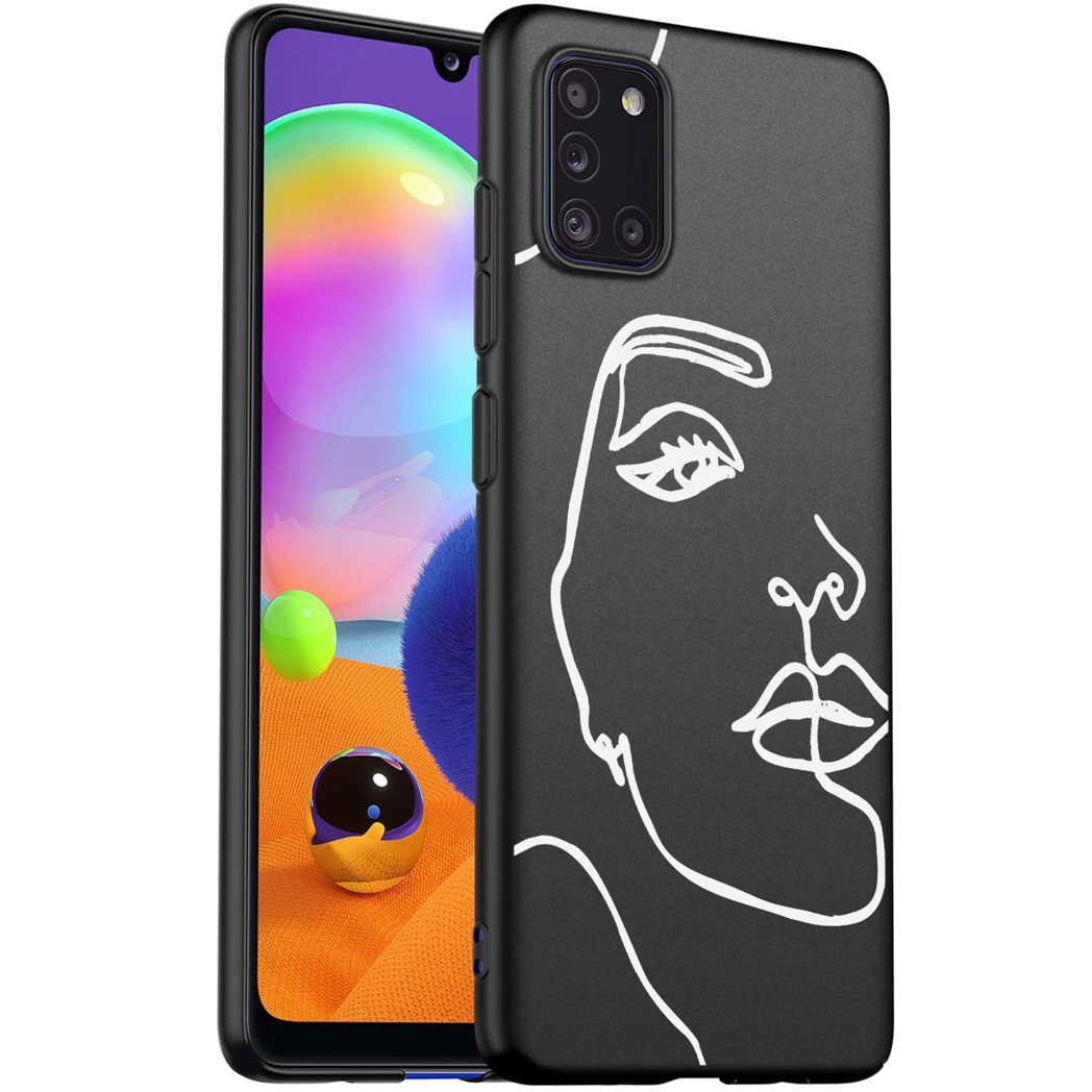 Een zwart telefoonhoesje met een witte lijntekening van een vrouwengezicht, tegen een zwarte telefoon.