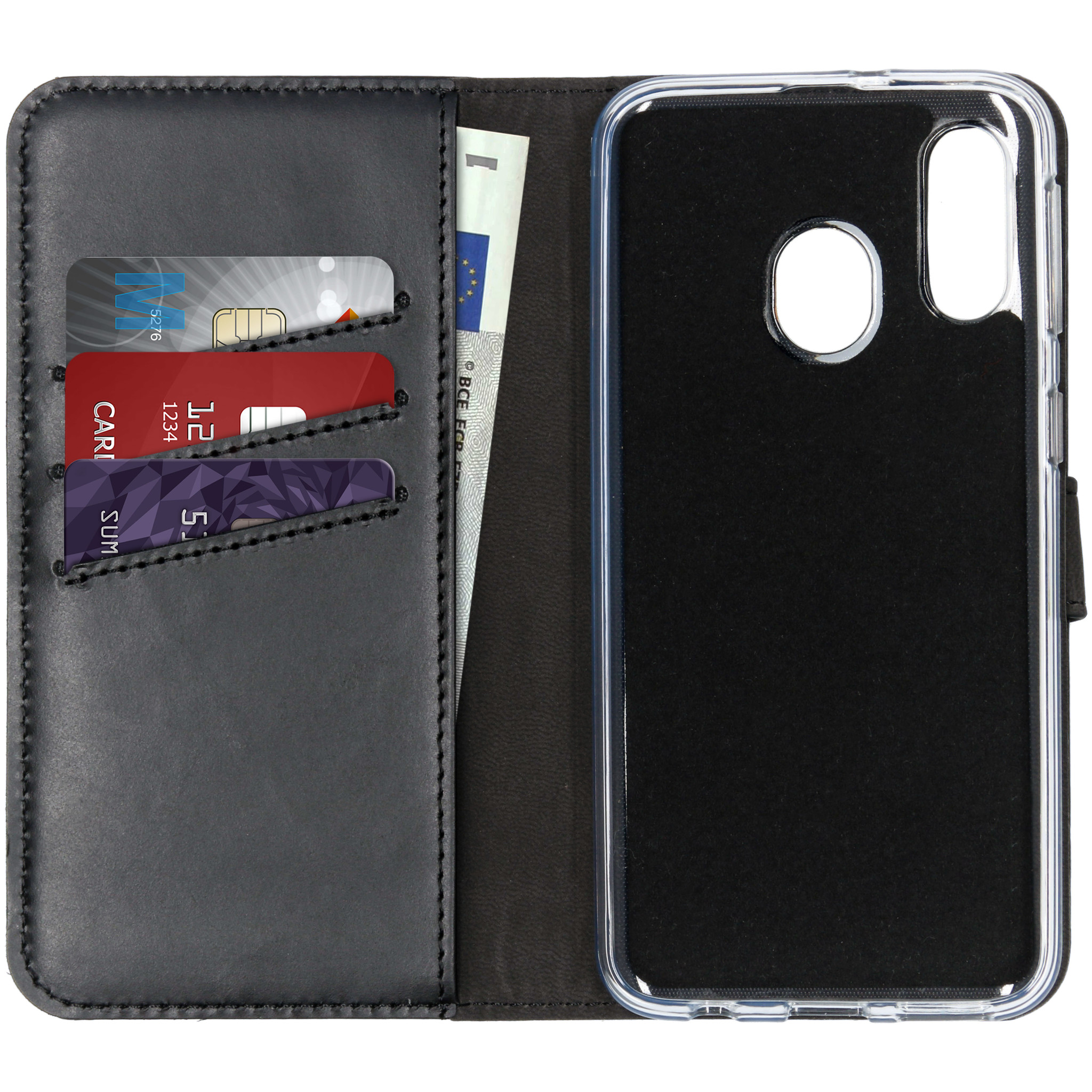Zwarte leren telefoonhoes met kaarten, geld en telefoon.