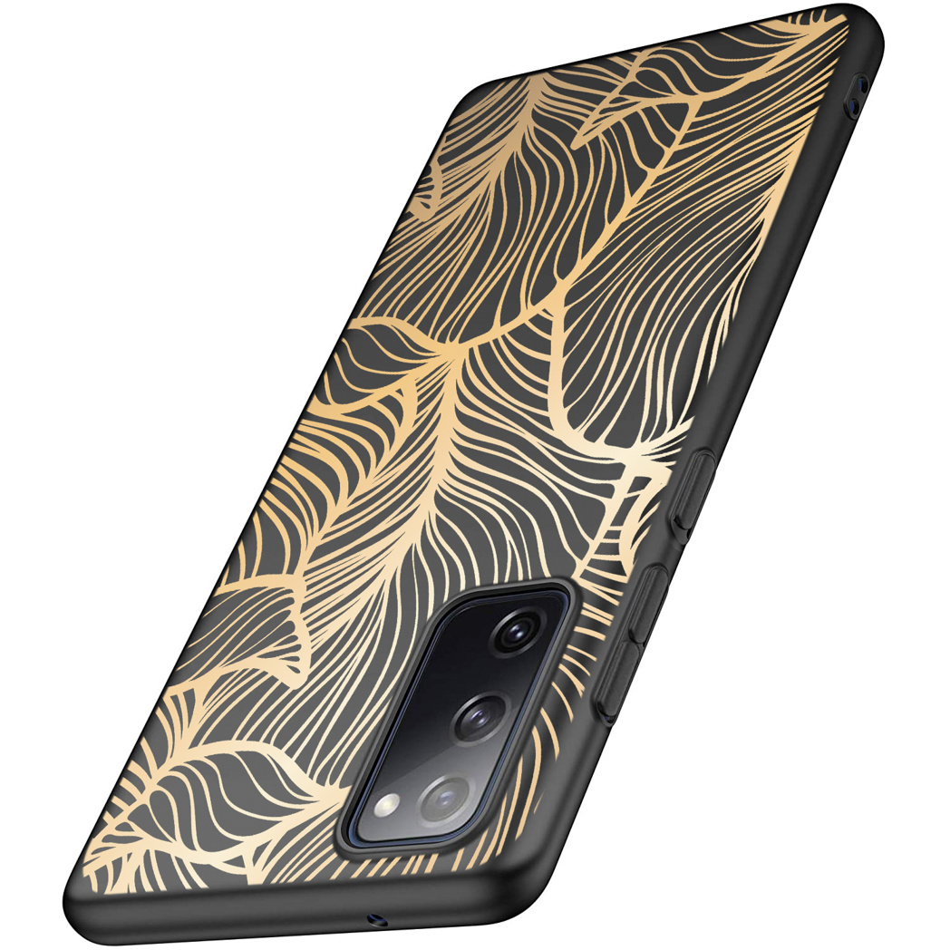 Custodia nera per telefono con design a foglie dorate. La custodia copre il retro del telefono.