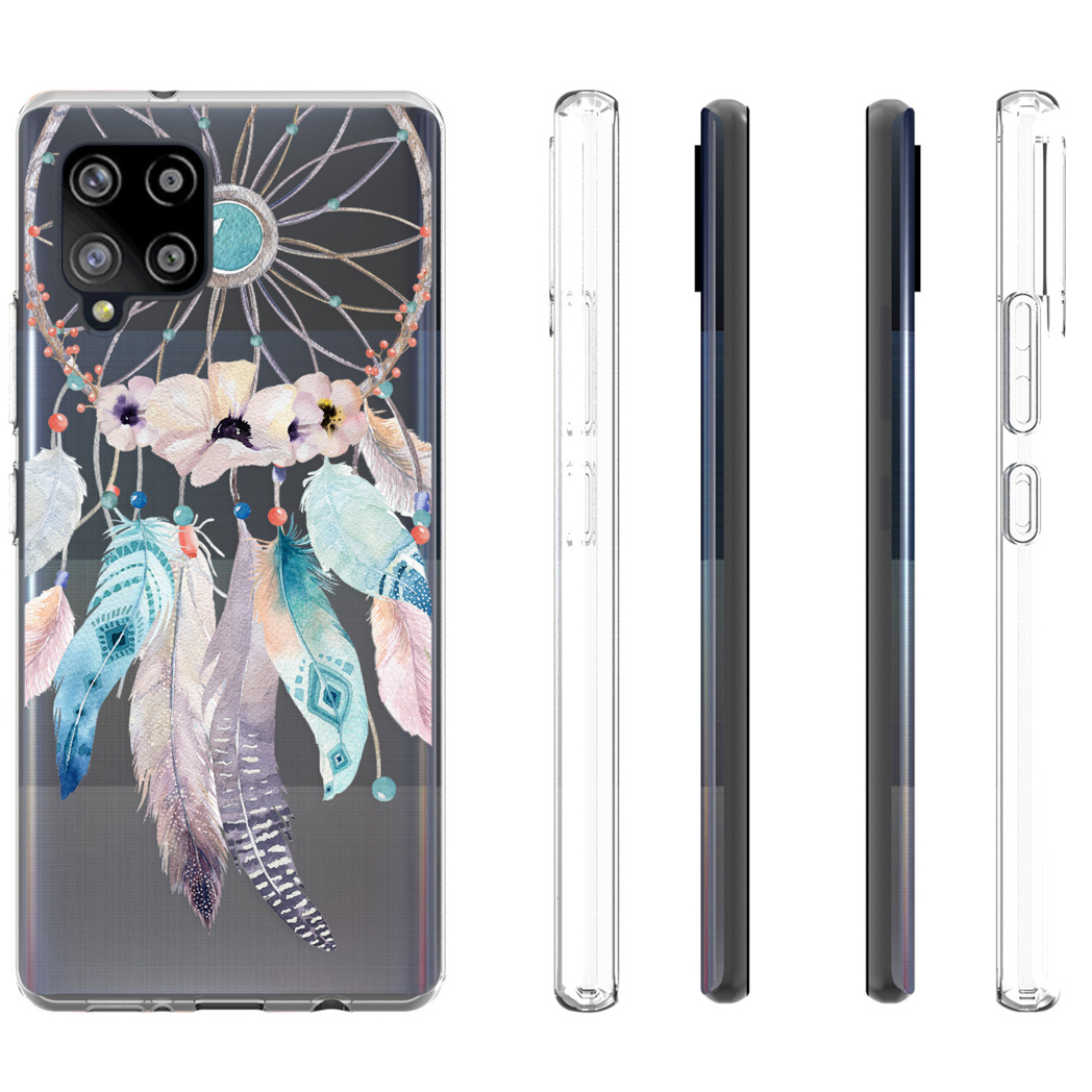 Coque de téléphone transparente avec motif attrape-rêves, avec quatre vues latérales. Plumes et perles visibles.