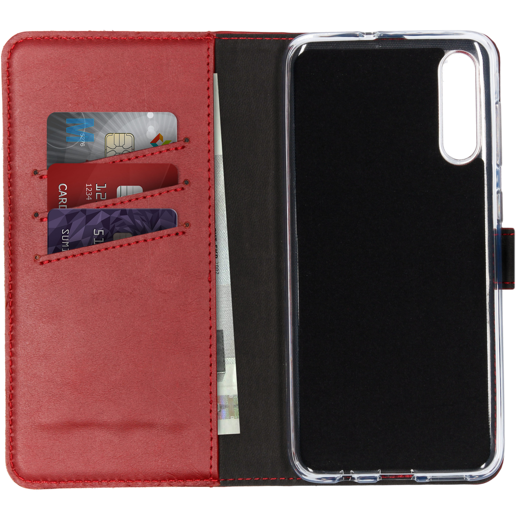 Étui rouge avec cartes de crédit et argent à l'intérieur. Le téléphone est dans un étui transparent.