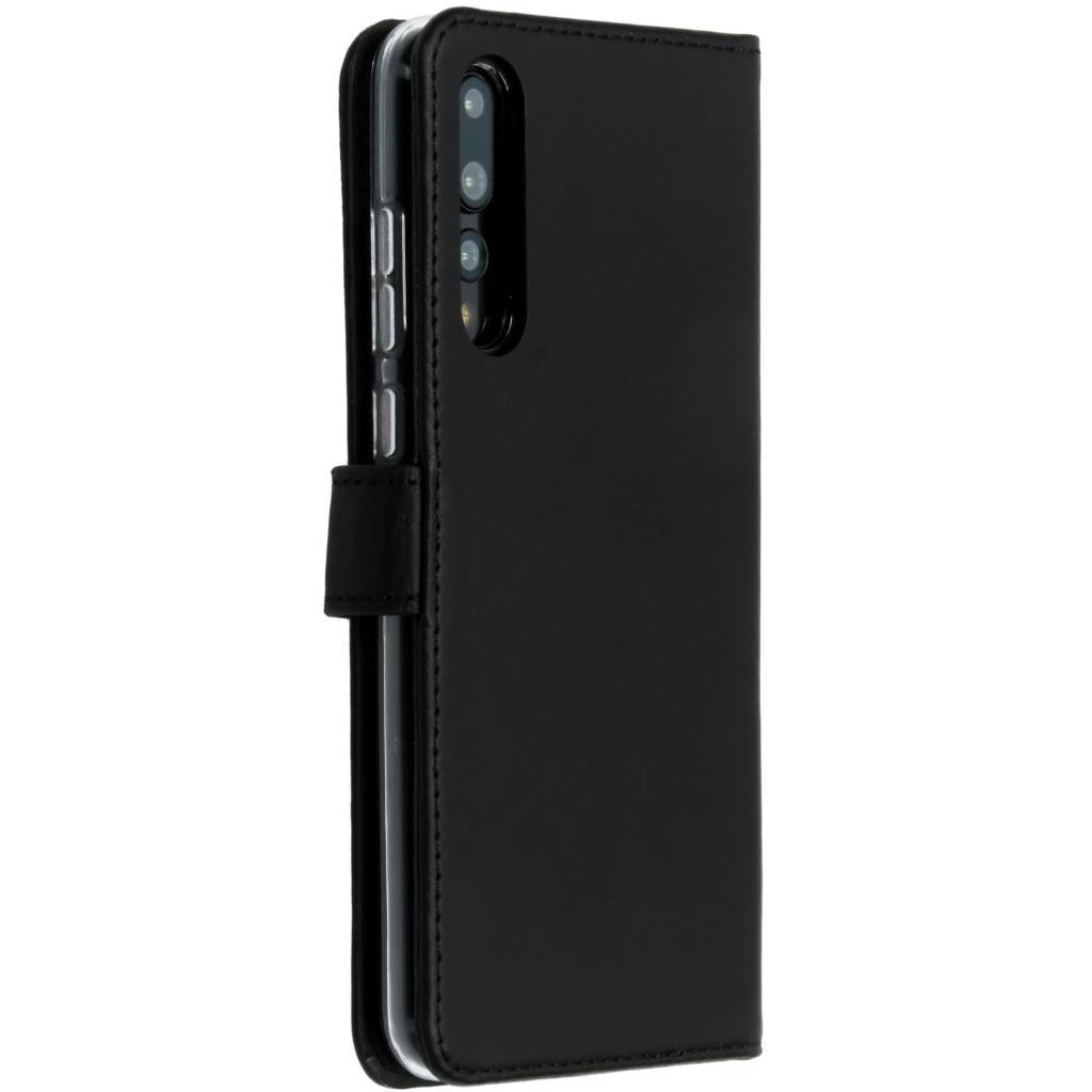 A closed black phone case, with the phone inside, showing the side with a clasp.