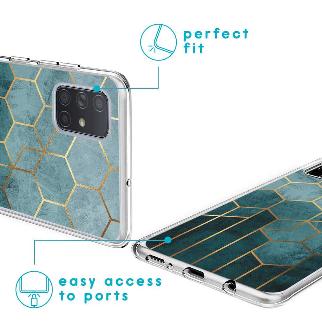Un étui de téléphone transparent avec un motif hexagonal sarcelle et des lignes dorées, présentant un téléphone avec le même design.
