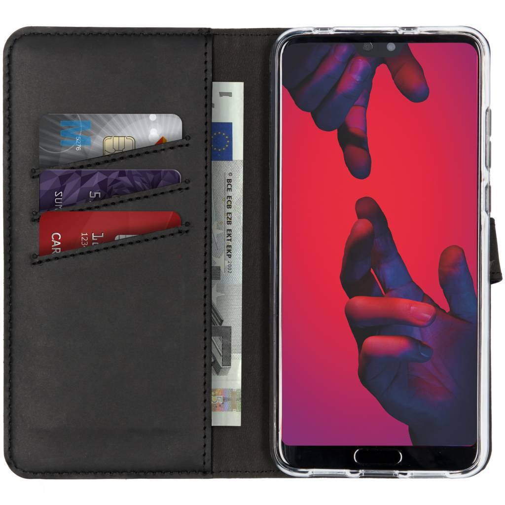 Black phone case open showing credit cards and money. A phone with a red background is in the case.