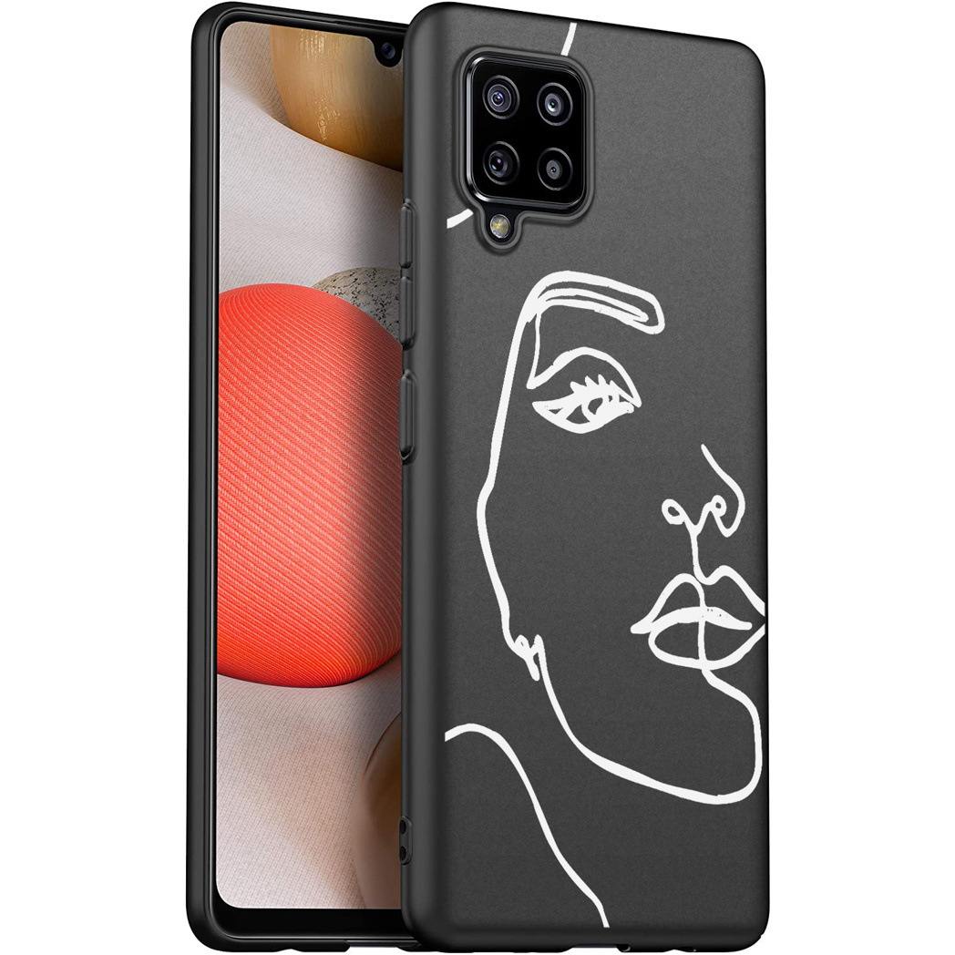 Coque de téléphone noire avec contour blanc d'un visage. Téléphone visible.